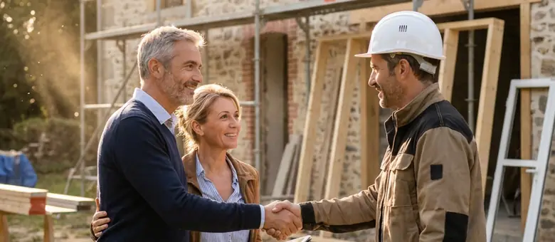 Un couple serre la main de son artisan devant une maison en rénovation